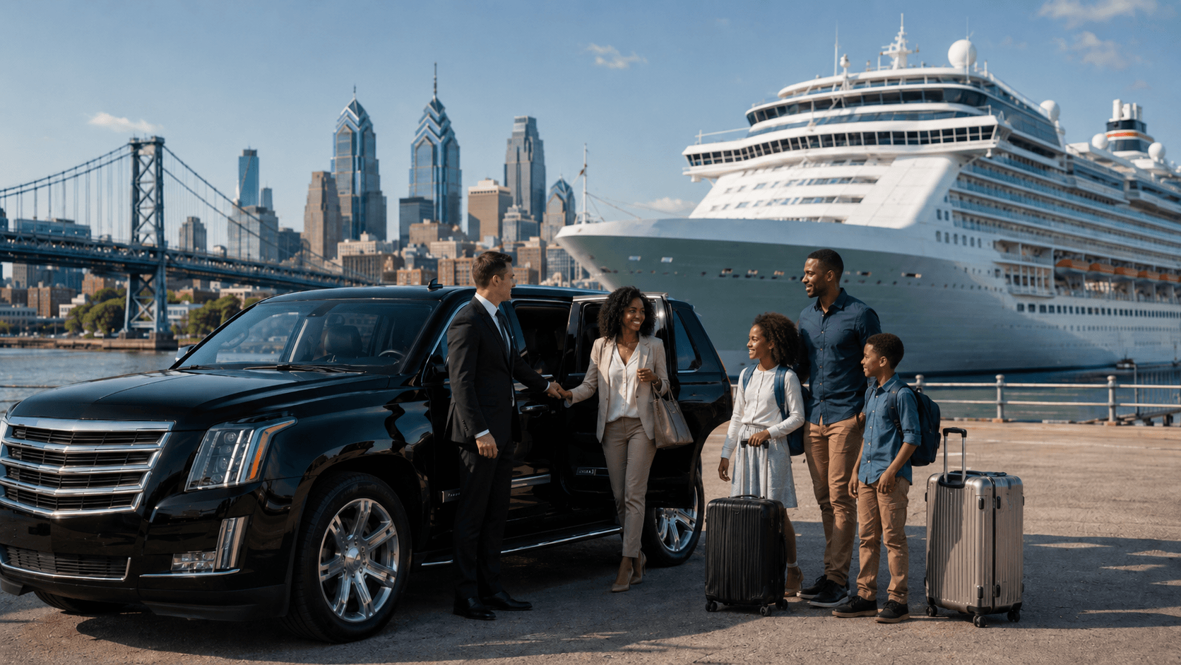 Private chauffeur service with a family and luggage near a Philadelphia waterfront cruise departure
