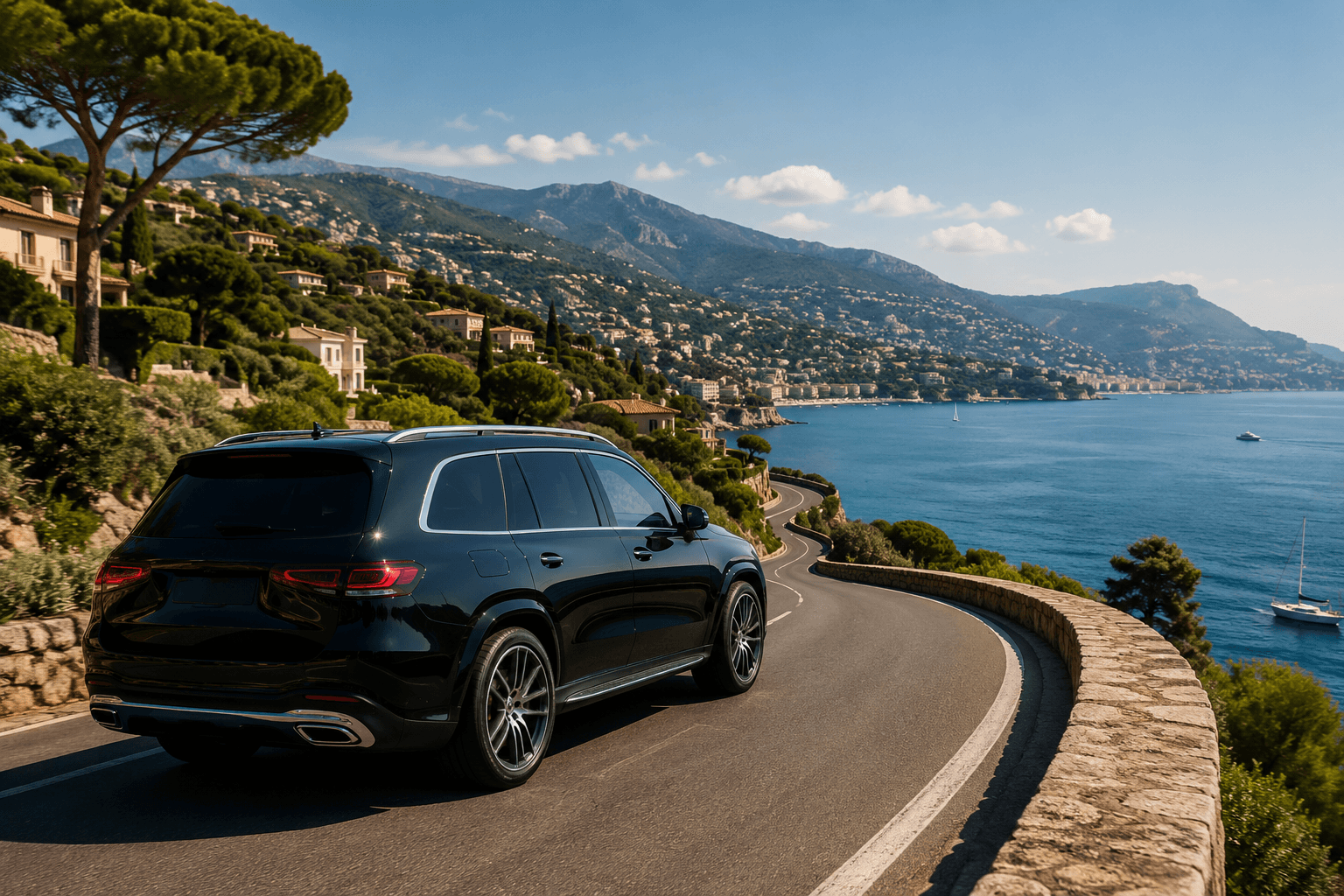 Luxury chauffeur transfer along the French Riviera coast from Nice Airport to Saint-Tropez