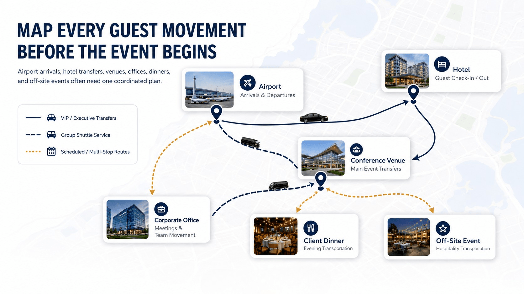 Map-style graphic showing corporate event transportation between an airport, hotel, conference venue, office, client dinner, and off-site event