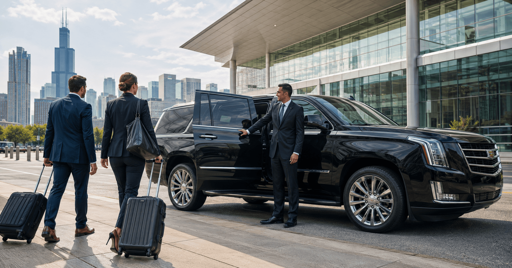 Chauffeur assisting business travelers with airport transportation in Chicago