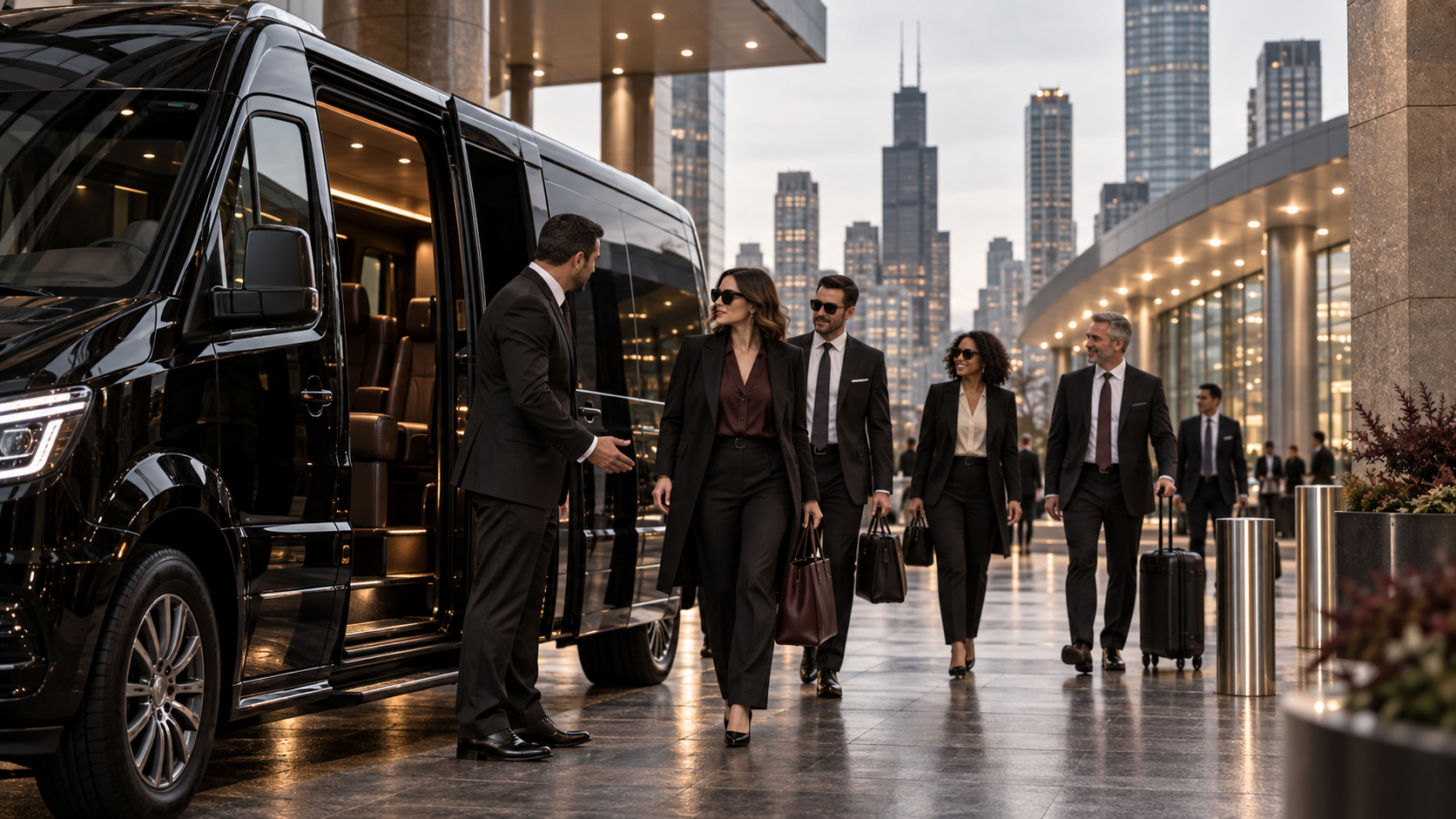 Illustration of a chauffeur welcoming a group of business travelers beside a black executive van.