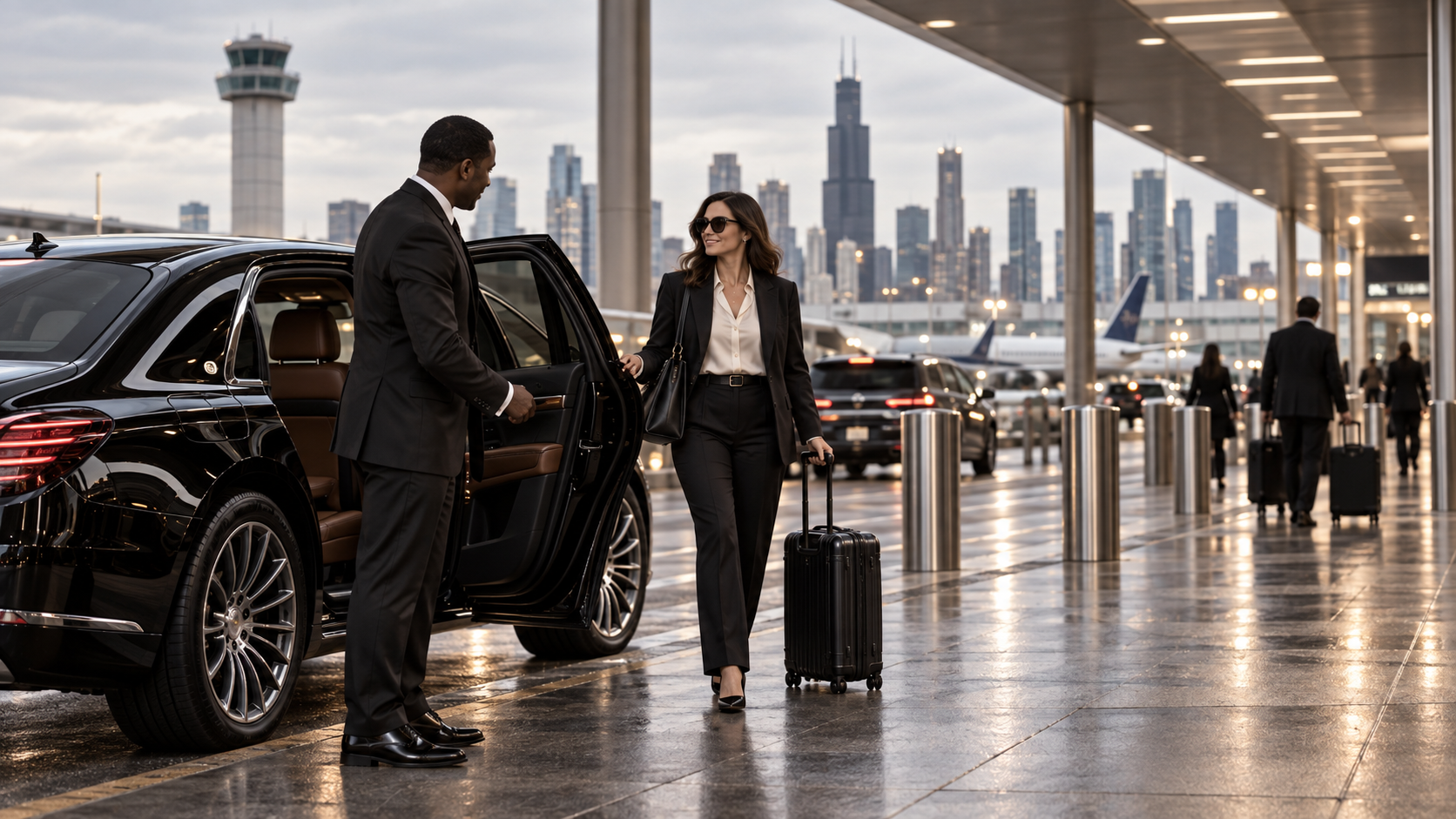 Illustration of a chauffeur assisting a business traveler beside a black luxury vehicle.