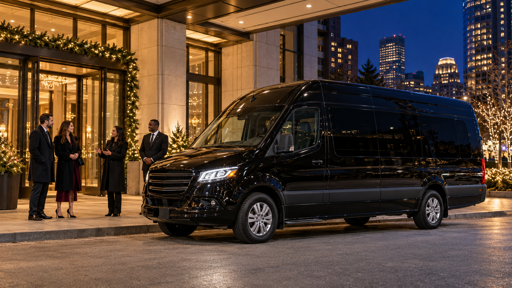 A small group outside an illuminated holiday event venue, with a black passenger van waiting at the curb.