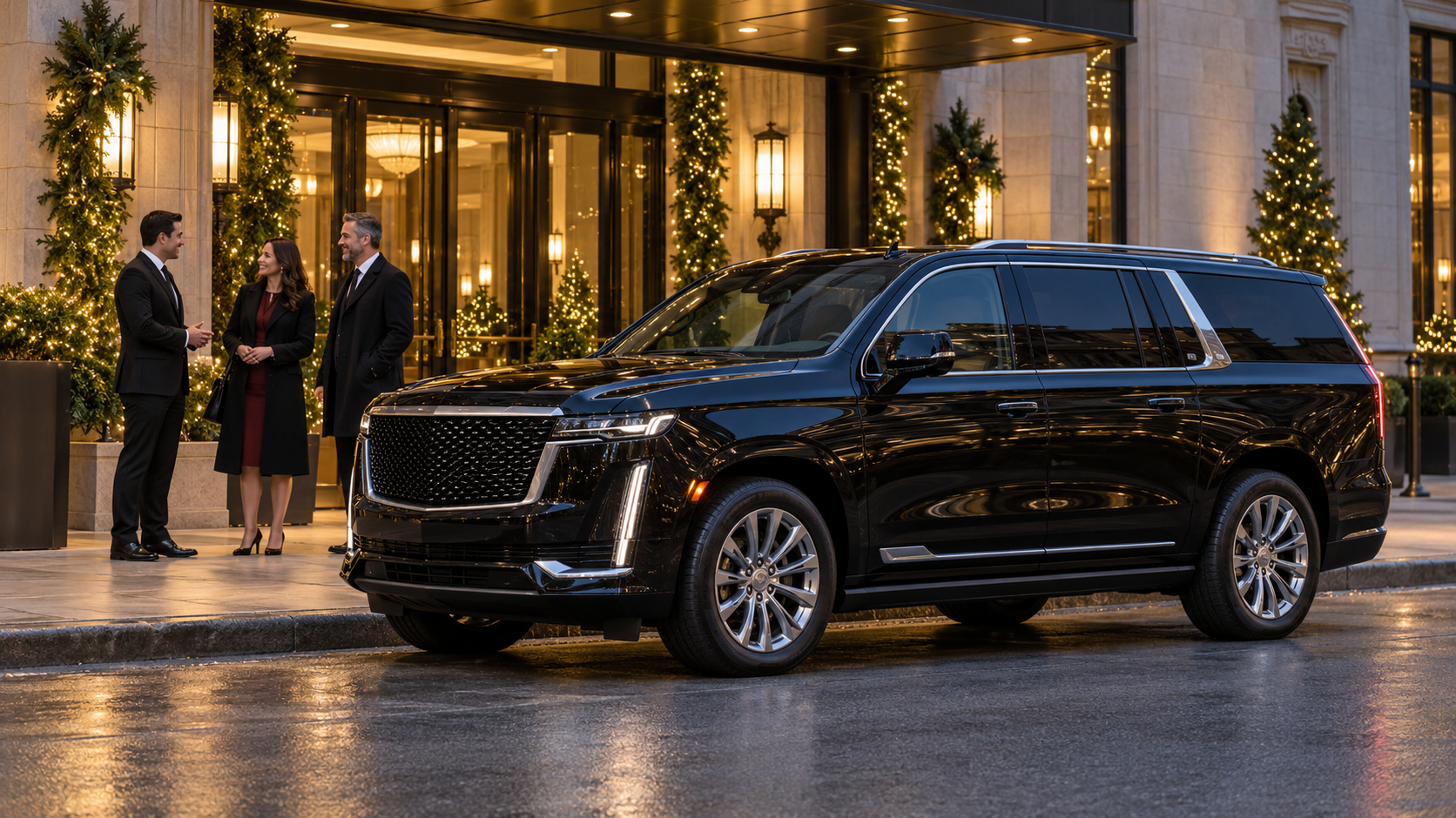 Chauffeur and guests outside a holiday event venue, with a black luxury SUV parked at the curb.